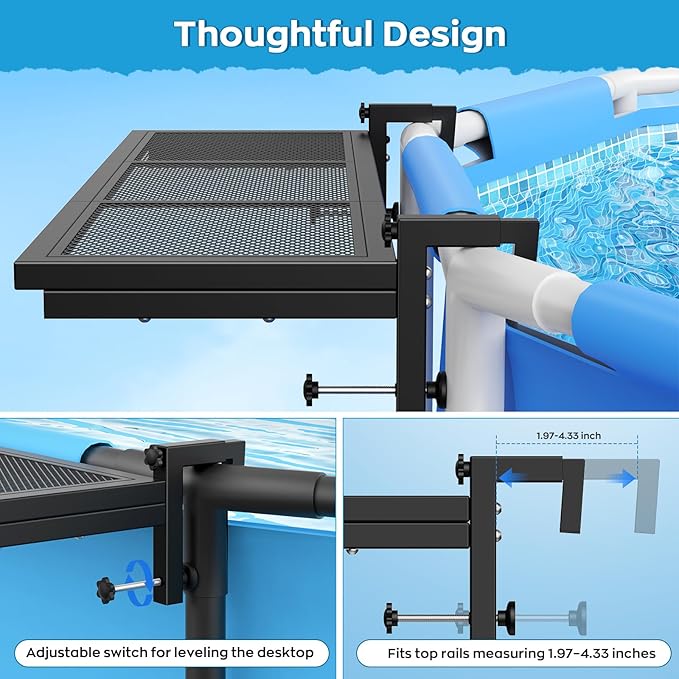 Pool Bar Above Ground Poolside Bar, Heavy-Duty Carbon Steel Patio Poolside Table, Fits 4.3 Inch or Less Top Rail, Pool Accessories 38.6×11.8 Inch Tabletop