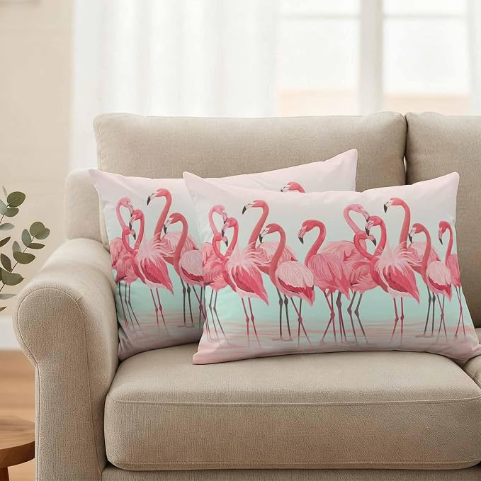 Outdoor Pillow Covers,Flamingo Bird on Gradient Background Decorative Throw Pillow Cover Waterproof Pillowcase Set of 2,Linen Cushion Case for Sofa Couch Bed 20x12 Inch,Tropical Pink Animals
