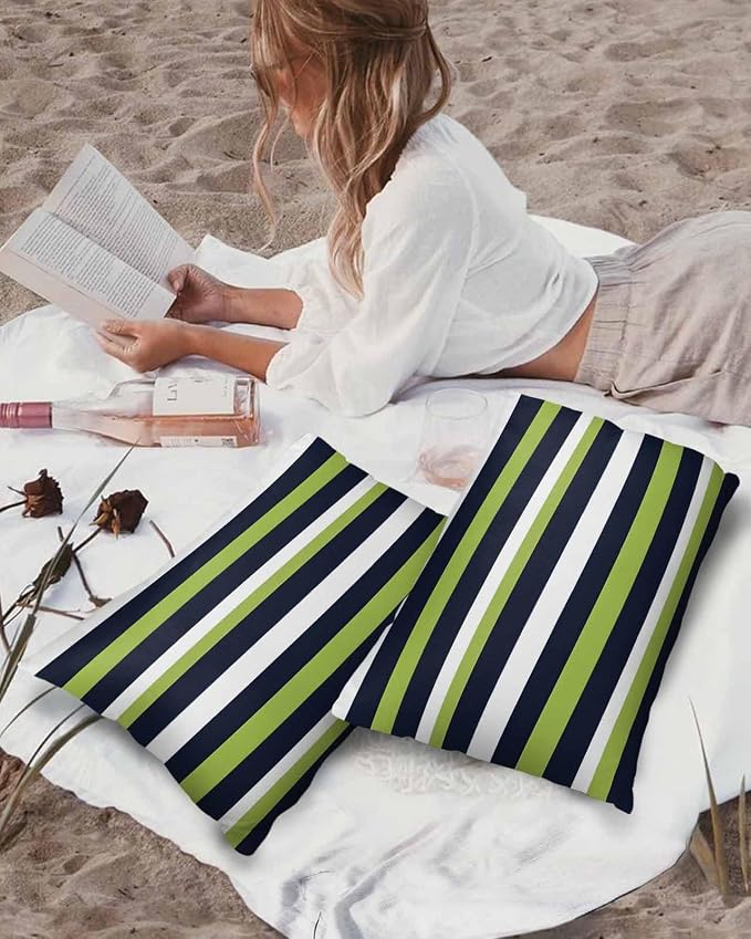 Pack of 2 Blue Green White Stripes Outdoor Pillow Waterproof Covers 20x12 inch, Classic Geometric Polyester Throw Pillow Covers Garden Cushion Decorative Case for Patio Couch Decoration