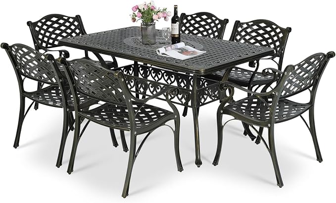 MEETWARM 7 piece Outdoor Patio Dining Set for 6 Seater Dining Table Set, All-Weather Cast Aluminum Patio Conversation Set for Garden with 6 Chairs, 1 Rectangular Table, 2" Umbrella Hole, Dark Bronze
