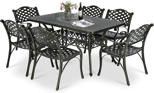 MEETWARM 7 piece Outdoor Patio Dining Set for 6 Seater Dining Table Set, All-Weather Cast Aluminum Patio Conversation Set for Garden with 6 Chairs, 1 Rectangular Table, 2" Umbrella Hole, Dark Bronze