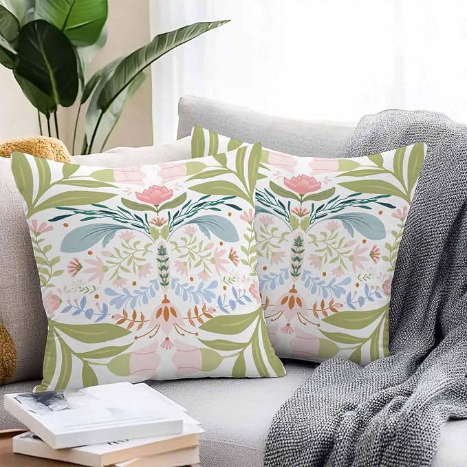 Outdoor Pillow Covers Waterproof, Green Blue Pink Floral All Weather Cushion Case Set of 2, Rustic Ethnic Boho Flowers Botanical Decorative Pillowcases for Sofa Couch Bed Decor Patio Furniture 20"x20"