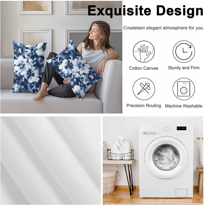 Abstract Watercolor Flower Art Outdoor Pillow Covers Set of 2,Decorative Waterproof Throw Pillow Case, Natural Blue White Floral Cotton Linen Soft Cozy Cushion Pillowcases