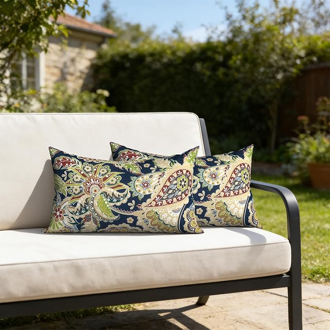 12x20 Inch Lumbae Pillow Covers, Rectangle Waterproof Throw Covers Set of 2, Decorative Patio Furniture Cushion Cases for Porch Garden, Paisley Sapphire Blue