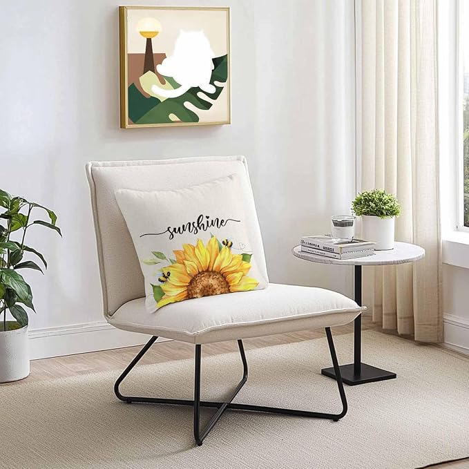 Vintage Yellow Sunflower Bee Outdoor Throw Pillow Covers Set of 2,Decorative Waterproof Pillowcase, Rustic Botanical on Linen Cushion Case for Patio Garden Couch Sofa Tent Bed 18x18 Inches