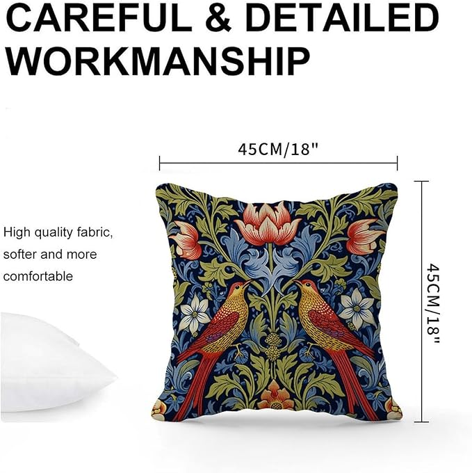 Cushion Cases Red Bird Floral Flower Pillowcase Modern Chinoiserie Asian Botanical Pillow Cover Accent Outdoor Garden Decoration for Patio Garden Sofa Chairs 18x18 in