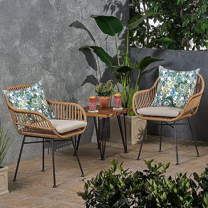Magpie Fabrcis Pack of 2 Outdoor Waterproof Throw Pillow with Insert 18 x 18 Inch, Christmas Decorative Back Cushion Pad for Garden Patio Tent Balcony Couch Sofa(Floral Blue Green)
