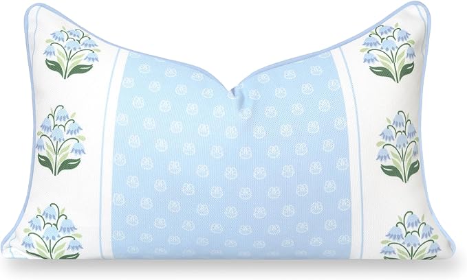 Hofdeco Premium Grandmillennial Coastal Hampton Patio Indoor Outdoor Lumbar Pillow Cover Only, 12"x20" Water Repellent for Backyard, Couch, Poolside, Blue Green Block Print Striped Lily of the Valley
