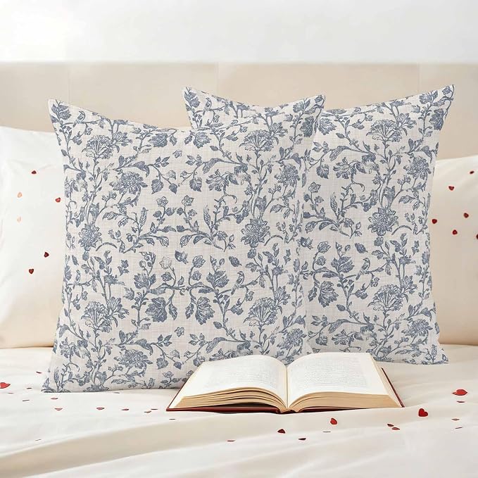 Blue Floral Waterproof Outdoor Pillow Covers 20''x20'' Set of 2, Farmhouse Vintage Botanical Patio Furniture Flower Cushion Covers for Chairs, Decorative Spring Pastoral Pillow Cases for Garden/Pool