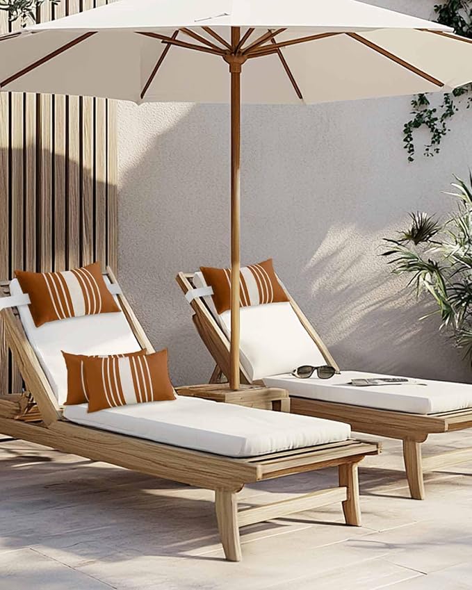 Pack of 2 Outdoor Lumbar Pillow Covers 12x20 Inch, Burnt Orange Beige Striped Waterproof Throw Pillow Covers Set, Modern Farmhouse Retro Lines Indoor&Outdoor Cushion Cases for Patio Porch Beach