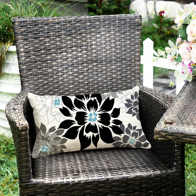 Waterproof Black and Gray Dahlia Floral Outdoor Pillow Covers 12x20 Inch, Decorative Spring Summer Cushion Cases for Living Room Sofa Patio Garden Porch