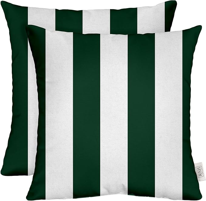 RSH DECOR: Square Throw Pillows Set of 2 | 20" x 20" | All-Weather Spun Fabric | Water and Fade-Resistant | Outdoor Accent Pillows for Patio Furniture | Hunter Green & White Stripe
