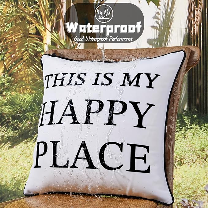 Porch Decor White Outdoor Pillow Cover Waterproof 18x18, Double-Sided Print | This Is Our & My Happy Place Sign, Set of 2, 18 x 18 Outdoor Pillows, Porch Decorations Outdoor, Outdoor Decor for Patio