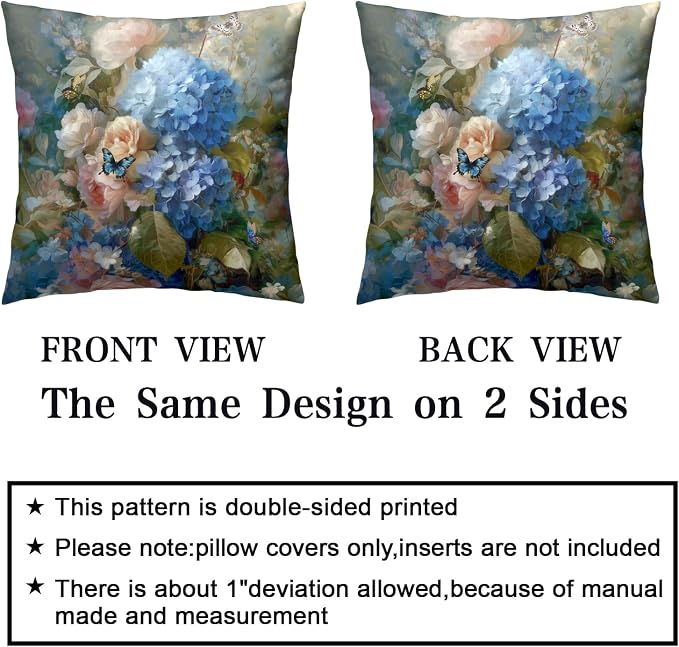 Vintage Rose Hydrangea Pillow Covers Oil Painting Floral Throw Pillow Covers Spring Summer Pillow Case 20x20 Blue Pink Flowers Cushion Case for Living Room Couch Sofa Set of 2