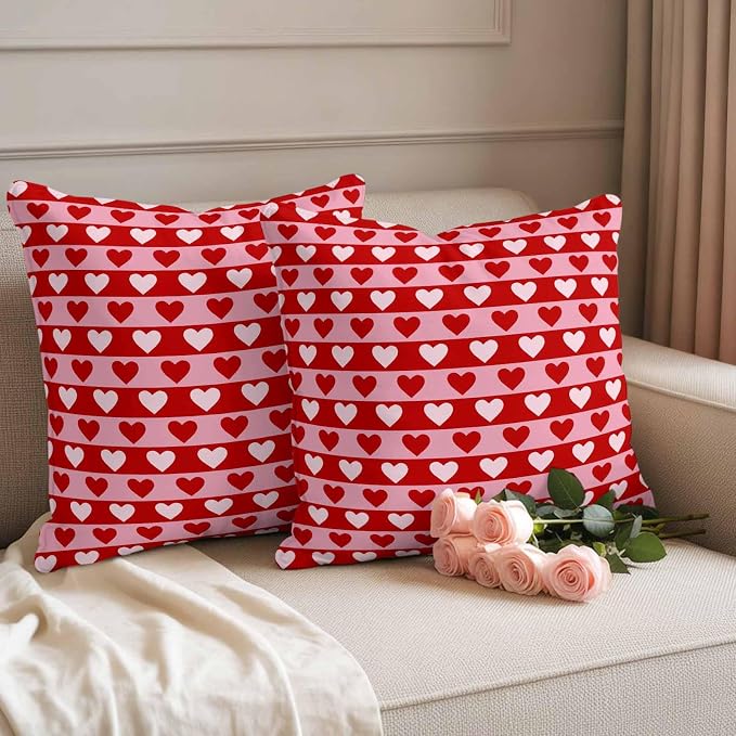 Outdoor Waterproof Throw Pillow Covers, Valentine's Day Decorative Pillow Cases, Romantic Pink Red Love Heart Stripes Couch Pillow Protector Patio Sofa Cushion Covers Replacement 16"x16" 2 Pack