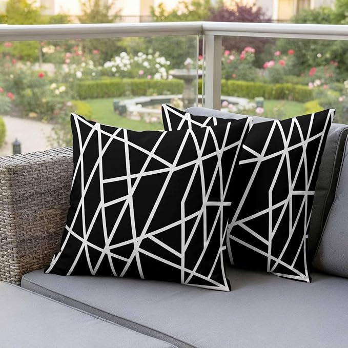 Outdoor Pillow Covers Waterproof, Black Geometric Decorative Square Throw Pillowcases Patio Cushion Covers for Tent/Garden, 20" x 20" 2 Pack, Abstract Stripes Modern Simple