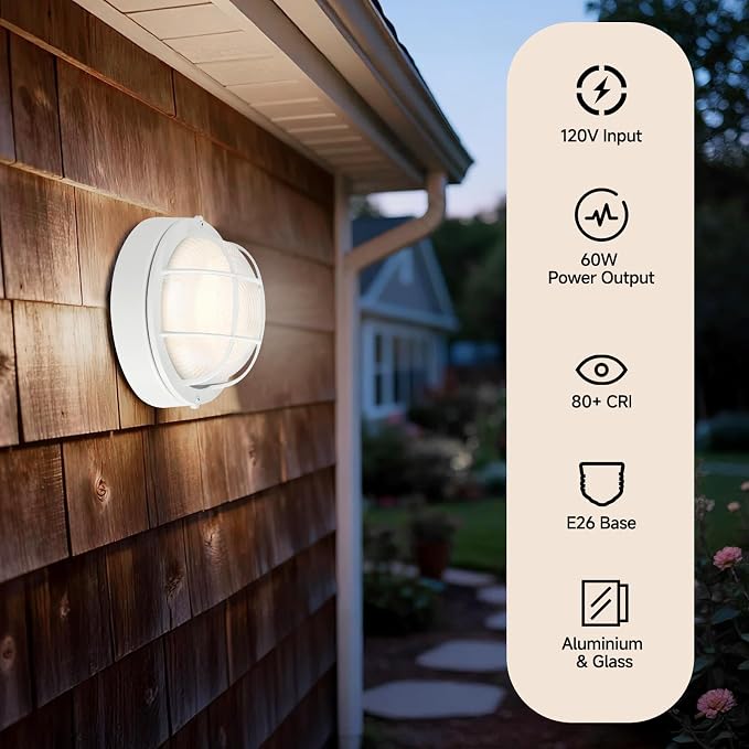 8"Outdoor Bulkhead Light, White Round Exterior Bulkhead Wall Light Fixture, Nautical Bulkhead Sconce lighting, Waterproof Sauna Light, Wall/Ceiling Flush Mount, Aluminum & Glass, E26 60W, 2 Pack