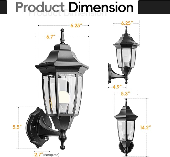 EMART Dusk to Dawn Outdoor Porch Light with Bulb, Wall Lamp(2 Pack, Black) | Exterior Anti-Corrosion, Waterproof Aluminum & Glass Shades, Modern Sconce Lantern Fixtures for Outside, House, Garage
