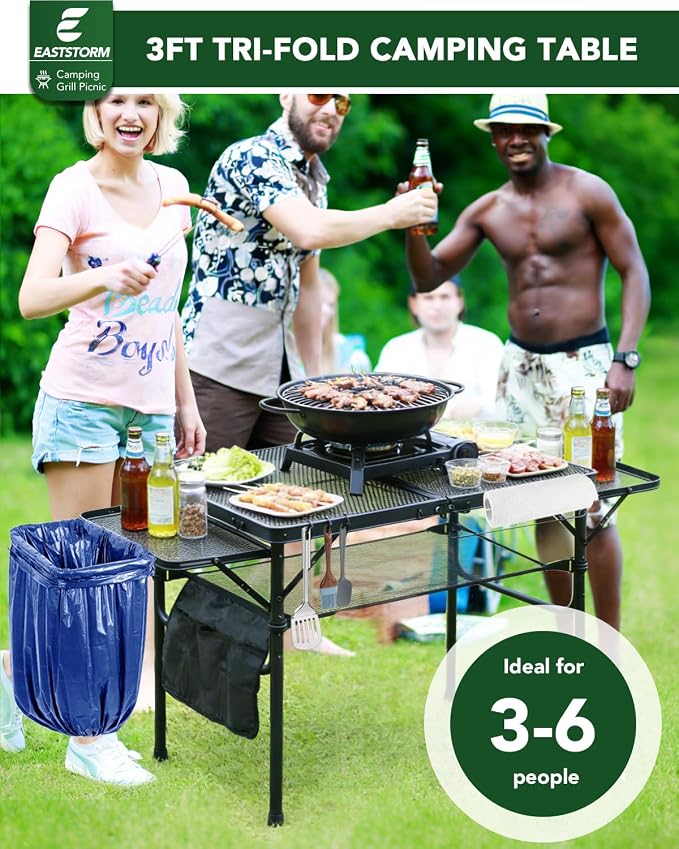 3ft Folding Camping Table with Wing Panels, Metal Mesh Grill Table,2 Adjustable Heights,Folding Table with Storage Net, Paper Towel Holder, Hooks, Trash Bag Rack, for Picnic,Camping,BBQ,Beach(Black)