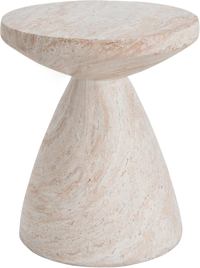 Outdoor Concrete Travertine Side Table, Magnesium Oxide Patio End Table, Faux Stone Accent Stool Coffee Table for Indoor Outdoor Use on Patio, Garden, Backyard-Beige 18"*20.25"