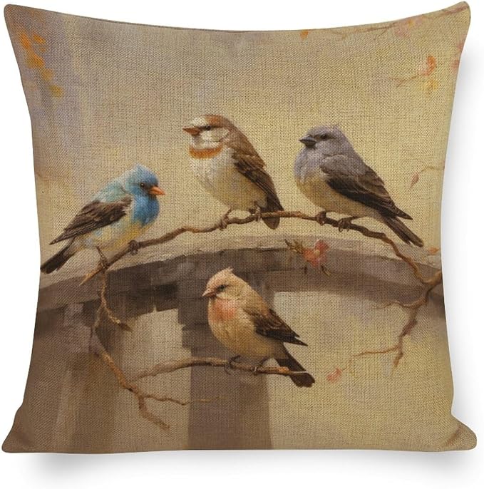 Sofa Pillow Case Colorful Birds are Sitting on A Branch Cushion Covers 16"x16" Oil Painting Rustic Forest Wildlife Birds Tree Branches Modern Pillow Cover Decor for Sofa Couch