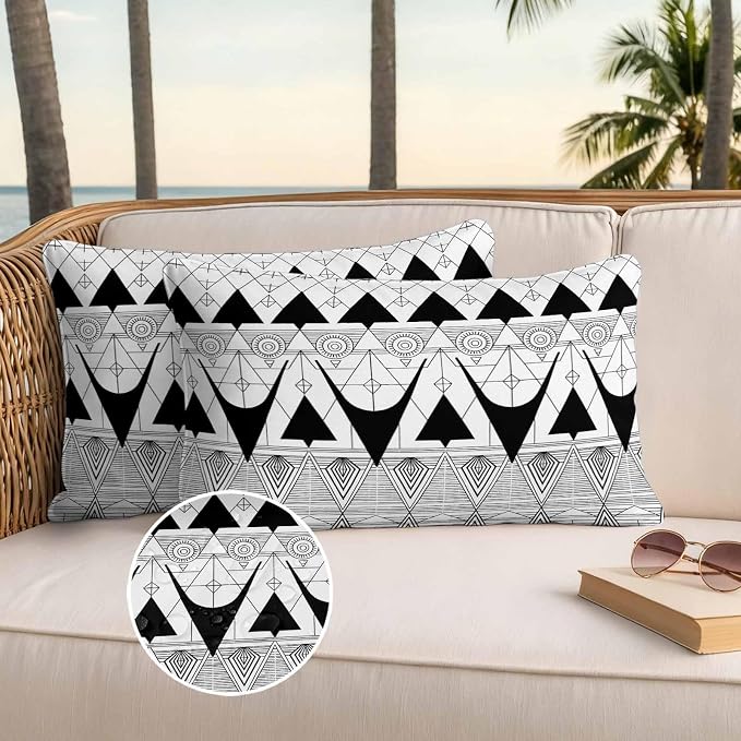 Lumbar Pillow Covers 20x12 Inch Set of 2, Black White Geometric Waterproof Outdoor Pillow Covers, Vintage Art Striped Decorative Cushion Pillowcases for Couch, Sofa, Bed, Garden, Patio