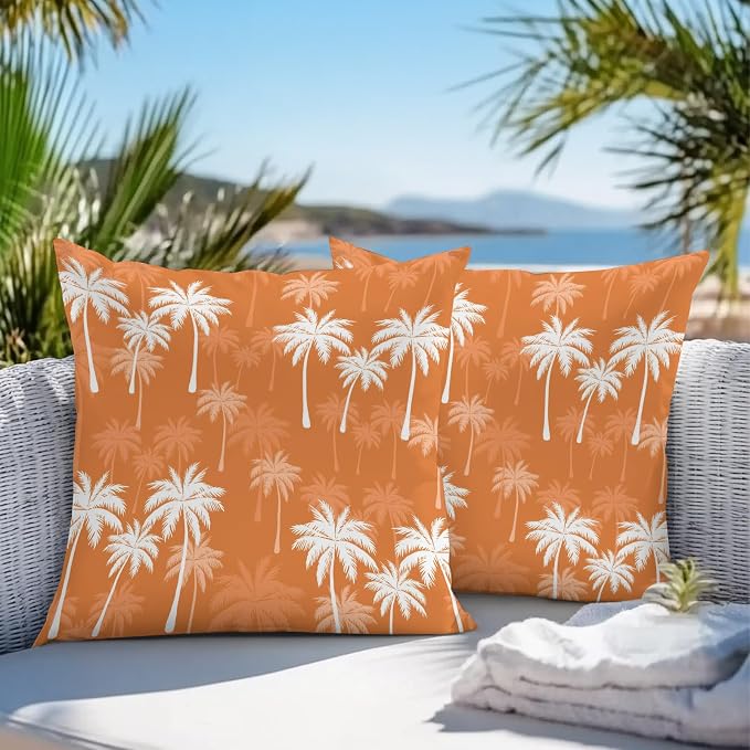 Throw Pillow Covers 16x16 Inch Set of 2, Tropical Palm Tree Waterproof Outdoor Pillow Covers, Orange White Plants Coastal Leaf Beach Decorative Cushion Pillowcases for Couch, Sofa, Bed, Garden, Patio