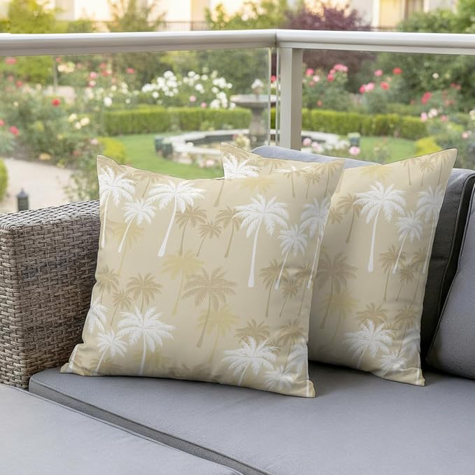 Throw Pillow Covers 18x18 Inch Set of 2, Tropical Palm Tree Waterproof Outdoor Pillow Covers, Beige White Plants Coastal Leaf Beach Decorative Cushion Pillowcases for Couch, Sofa, Bed, Garden, Patio