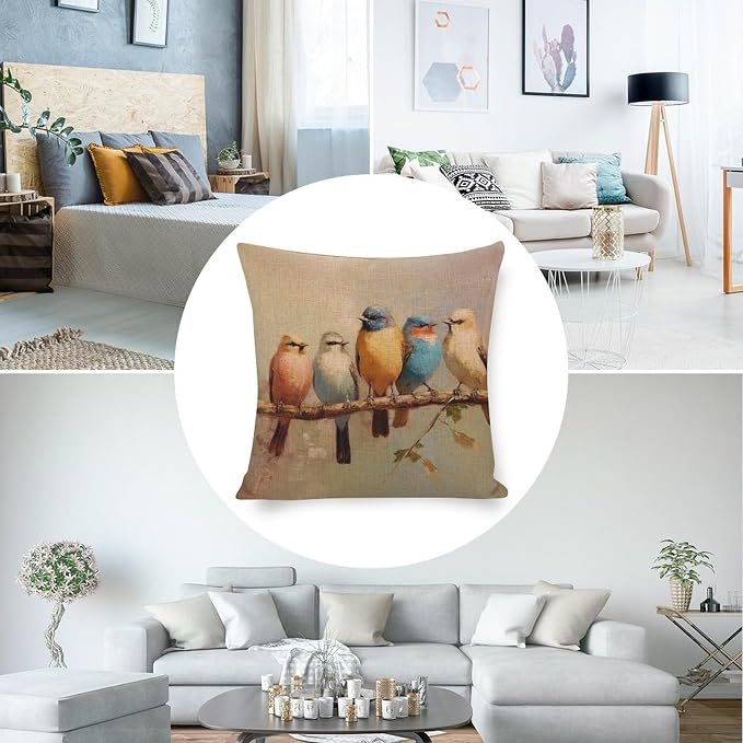 Linen Cushion Case Outdoor Home Decoration Oil Birds Tree Cushion Case Colorful Birds are Sitting on A Branch Throw Pillowcase for Farmhouse Decor Room Bedroom Sofa Chair Car 16"x16"