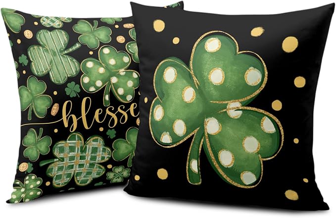 Saint Patricks Day Throw Pillow Covers Stripes Polka Dot Shamrock Clover Pillow Cases 2 Pack 24x24 March Holiday Lucky Blessed Decorative Pillow Covers for Sofa Home St Patricks Decor