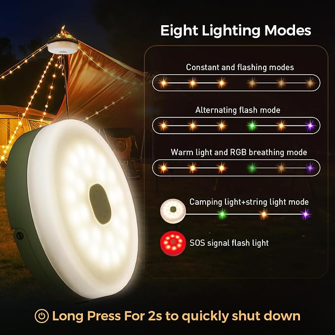 2-Pack Camping String Lights, Quick Storage 32.8FT Rechargeable Tent Lights String with 8 Modes, Hanging Waterproof Portable LED Lamp for Camping Outdoor Patio Awning Garden Party Essentials