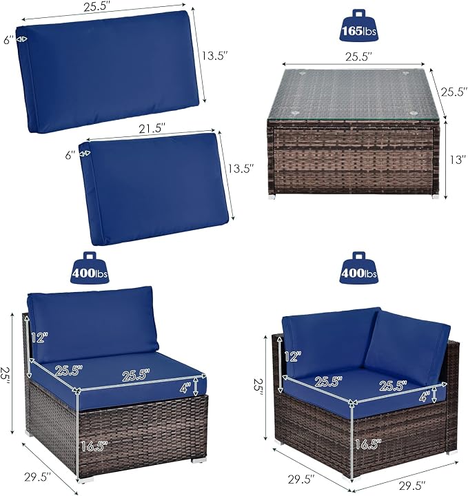 HAPPYGRILL 6 Pieces Outdoor Patio Furniture Set, PE Rattan Conversation Set with Tempered Glass Coffee Table and Cozy Cushions, Weather Resistant Sectional Sofa Set, Navy Blue