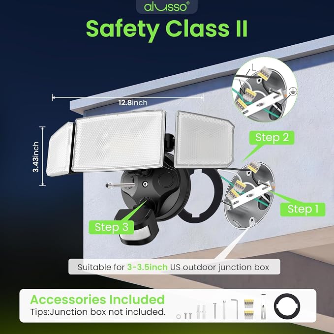 ALUSSO Motion Sensor Outdoor Lights Hardwired(Not Solar),Flood Lights Outdoor 120V, Dusk to Dawn/Auto/On Time, 3CCT 3000K/4000K/6500K Security Light,ETL,3 Modes Metal Black 60W 6000LM