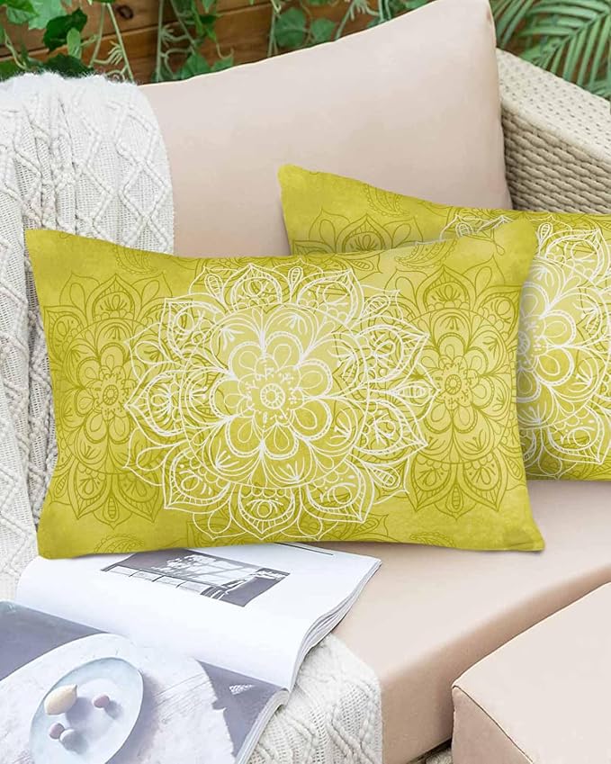 Vandarllin Outdoor Throw Pillows Covers 20x12 inch Set of 2 Waterproof Yellow Boho Floral Decorative Zippered Cushion Covers for Patio Furniture, Bohemian Flower Lumbar Pillowcases