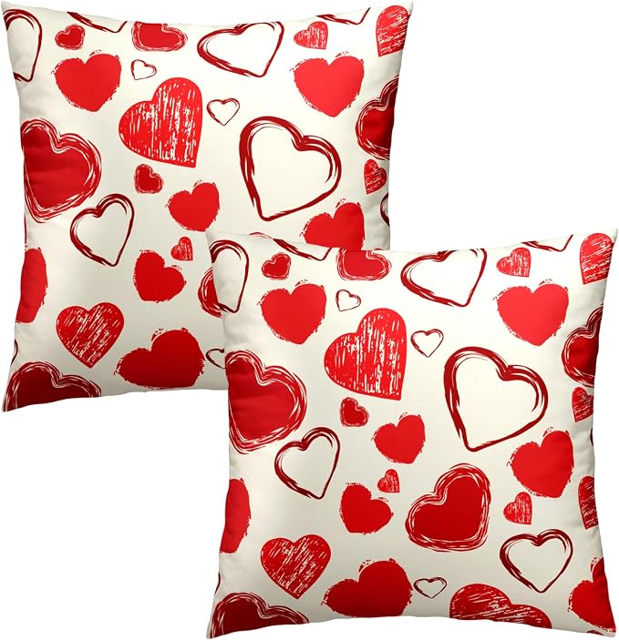 Valentine's Day Throw Pillow Covers 22x22 Inch Set of 2, Doodle Red Love Hearts Decorative Pillowcases Square Cushion Cover for Couch Wedding Anniversary Engagement Home Decor