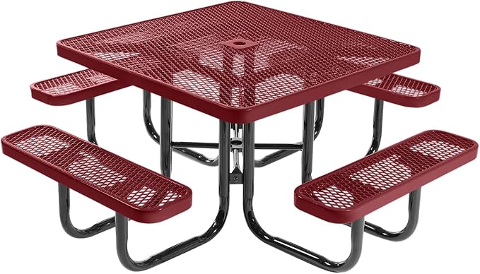 COATEDOUTDOORFURNITURE Heavy-Duty Portable Outdoor Picnic Table with Umbrella Hole, Expanded Metal Commercial-Grade Patio Dining Furniture Made in America (46" Square Top, Burgundy)