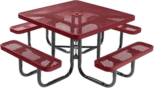 COATEDOUTDOORFURNITURE Heavy-Duty Portable Outdoor Picnic Table with Umbrella Hole, Expanded Metal Commercial-Grade Patio Dining Furniture Made in America (46" Square Top, Burgundy)