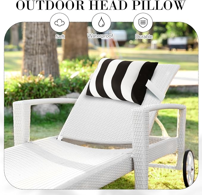 Lineshading 4 Pcs Chaise Lounge Pillow with Strap Outdoor Waterproof Pool Chair Neck Headrest Pillows with Adjustable Elastic Band for Beach Patio Chair Recliner(White and Black,Stripe)