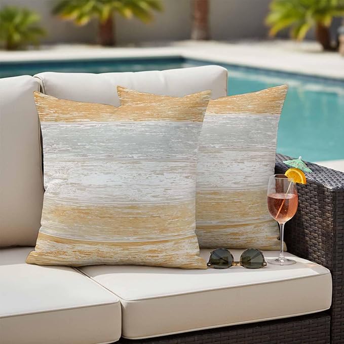 Outdoor Waterproof Throw Pillow Covers, Vintage Orange Grey Decorative Pillow Cases, Farmhouse Barn Wooden Striped Couch Pillow Protector Patio Sofa Cushion Covers Replacement 20"x20" 2 Pack