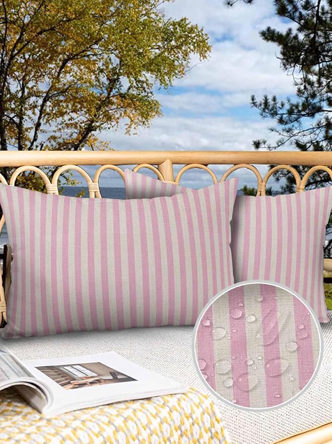 Outdoor Waterproof Throw Pillow Covers Set of 2 Pink Stripes Lumbar Pillowcases 20x12 Inches Linen Classic Vertical Striped Patio Decorative Pillows Cushion Case Patio Pillows for Couch Bed Garden
