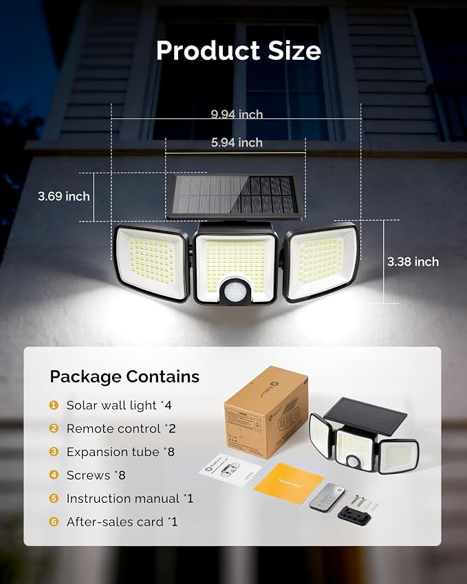 Brightown 4 Pack Solar Flood Outdoor Lights with Motion Sensor 3 Modes | 2500LM 223 LED Solar Outdoor Lights, 3 Head 270° Wide Angle Street Area IP65 Waterproof Security Wall Lights with Remote