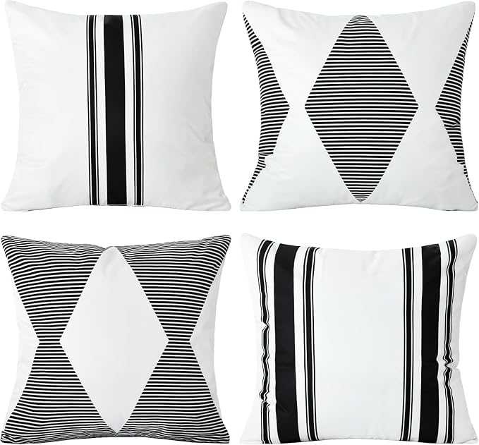 4 Pack Outdoor Waterproof Throw Pillow Covers 16x16 Inch | Black and White Stripe Geometric Decorative Throw Pillow Cover, Modern Outdoor Cushion Cases for Patio Garden Porch Sofa