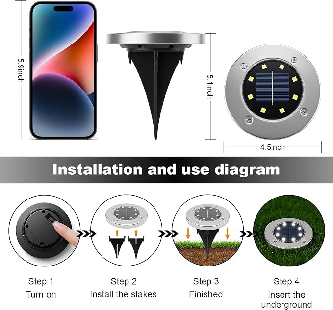 OULONGER 4.6inch Solar Ground Lights 12Packs, Garden Solar Outdoor Waterproof Pathway Bright In-Ground Landscape Lights for Patio, Lawn, Yard, Driveway, Step and Walkway(White Light)