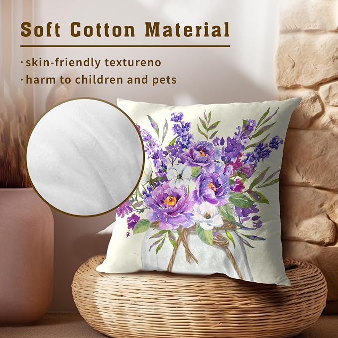 Lavender Throw Pillow Cover 22x22 Inches Summer Delicate Flowers Purple Botanical Bunch Plant Square Pillowcases Outdoor Sofa Bed Decor Cushion Covers for Home