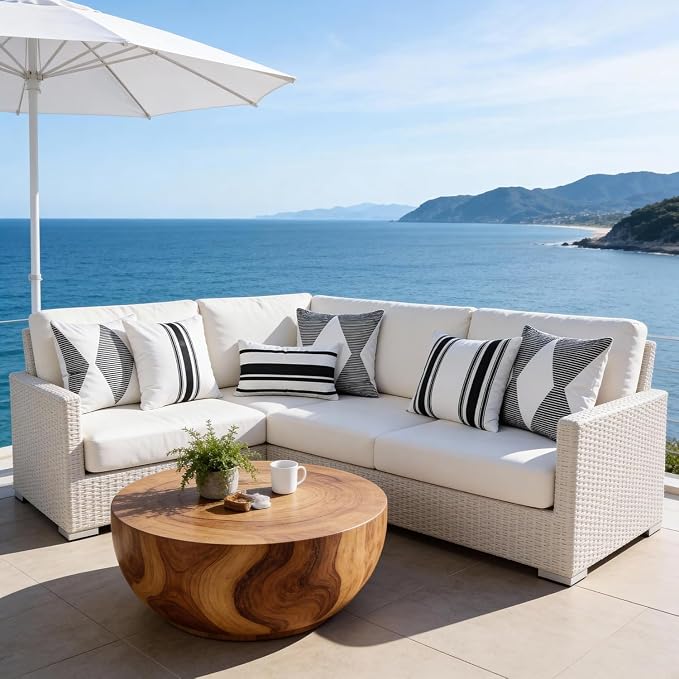 4 Pack Outdoor Waterproof Throw Pillow Covers 16x16 Inch | Black and White Stripe Geometric Decorative Throw Pillow Cover, Modern Outdoor Cushion Cases for Patio Garden Porch Sofa