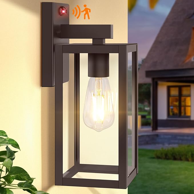 13" Upgraded Motion Sensor Outdoor Wall Light Fixture, Brown | Auto ON/OFF, 3 Lighting Modes, Waterproof, Rust-Resistant, Durable Metal & Clear Glass, Standard E26 Sockets, Easy to Install