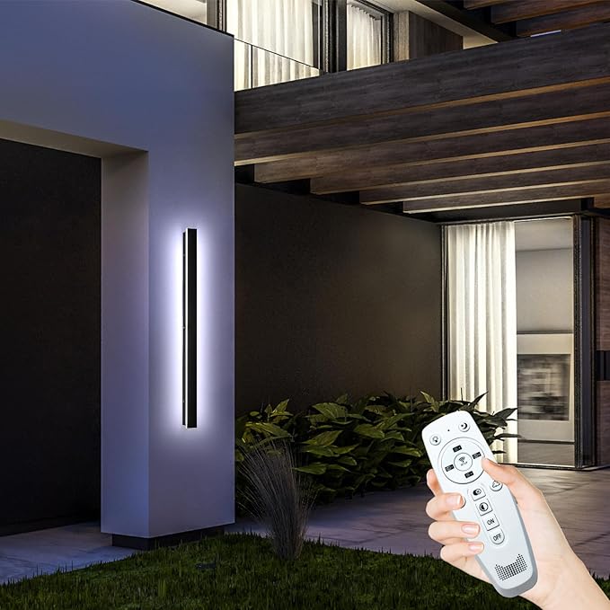 59inch Long Modern Outdoor Wall Light Fixtures, 2700K-6500K Dimmable, IP65 Waterproof Linear Exterior Wall Sconces Light, Black LED Wall Mount Light for Home, Yard, Garden with Remote Control
