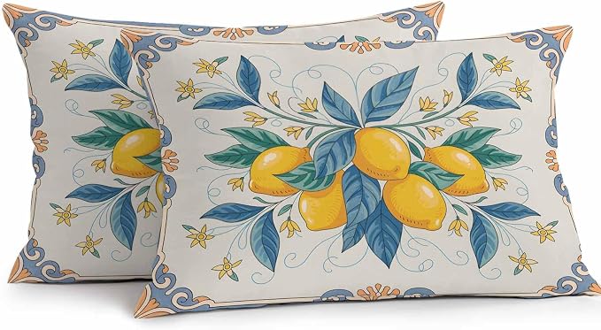 Lumbar Pillow Covers 20x12 Inch Set of 2, Yellow Blue Lemon Waterproof Outdoor Cushion Covers, Summer Botanical Farmhouse Decorative Pillowcases for Couch, Sofa, Bed, Garden, Patio