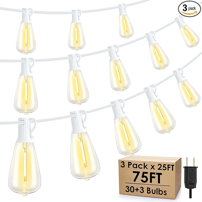 75FT(3x25FT) Outdoor String Lights, Patio Lights with 30+3 LED Dimmable Waterproof Connectable ST38 Bulbs for Gazebo Backyard Christmas, White