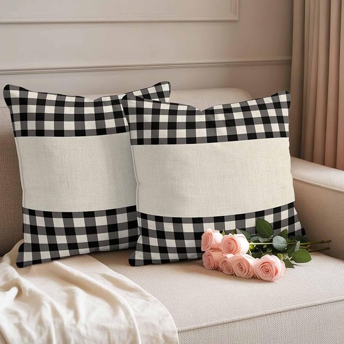 Retro Black Outdoor Waterproof Pillow Covers, Farmhouse Buffalo Plaid Vintage Beige Decorative Square Throw Pillowcase Sofa Cushion Sham for Patio/Couch/Chair, 26"x26" 2 Pack